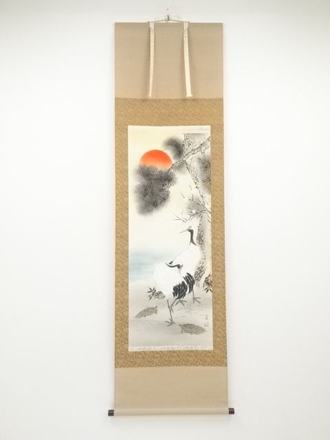 JAPANESE HANGING SCROLL / HAND PAINTED / CRANE & TURTLE